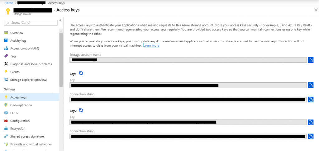 Azure Storage Account Access Keys Screenshot