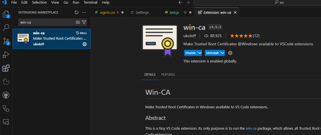 win-ca VSCode Extension Screenshot